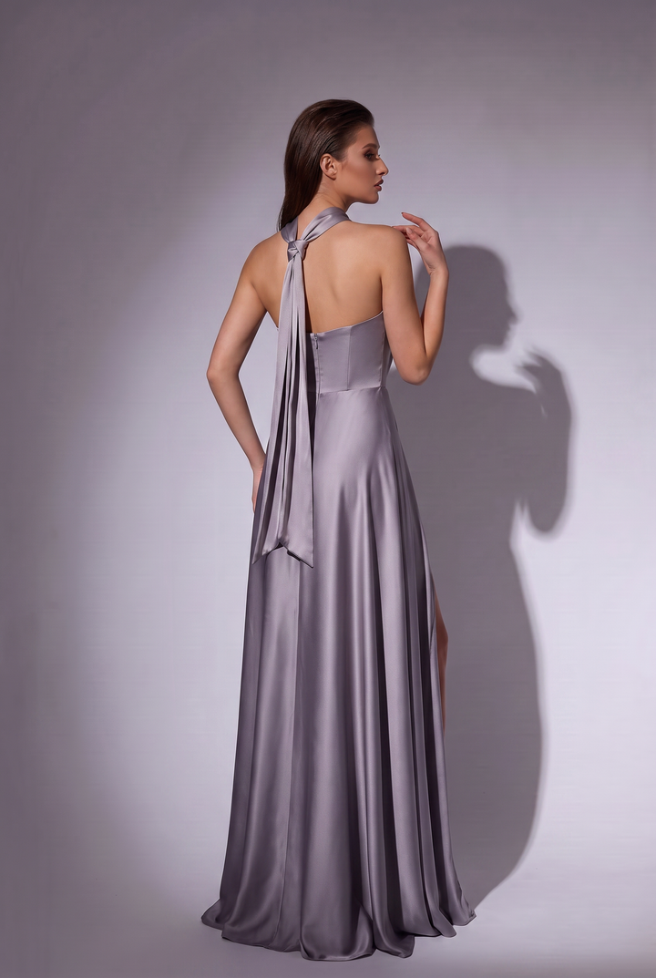 Dusty Lavender Satin Halter Evening Gown with High Slit - Backless Formal Maxi Dress Plus Size