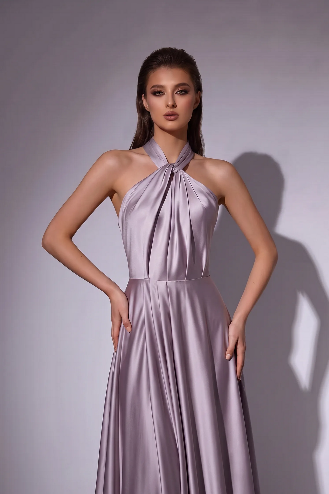 Dusty Lavender Satin Halter Evening Gown with High Slit - Backless Formal Maxi Dress Plus Size
