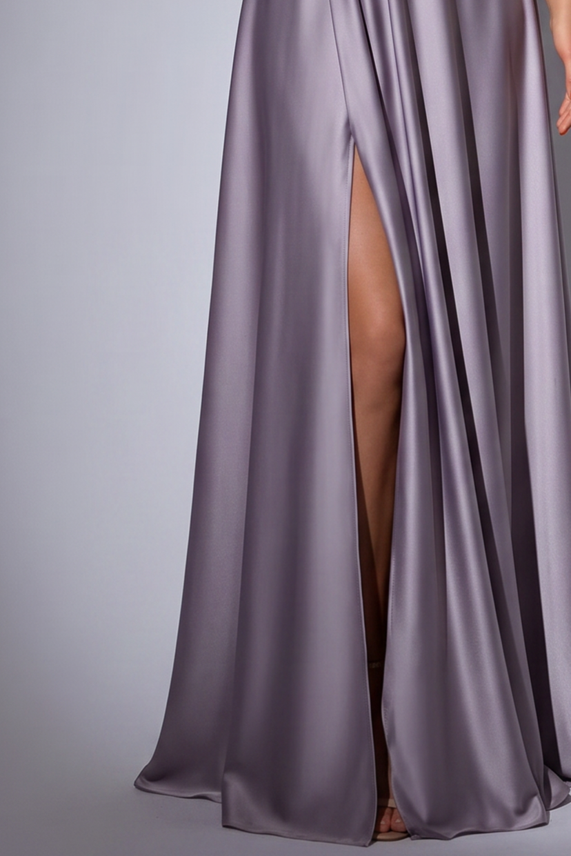 Dusty Lavender Satin Halter Evening Gown with High Slit - Backless Formal Maxi Dress Plus Size