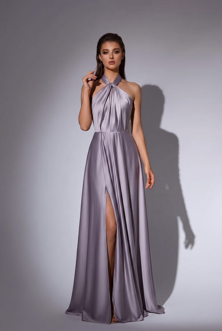 Dusty Lavender Satin Halter Evening Gown with High Slit - Backless Formal Maxi Dress Plus Size