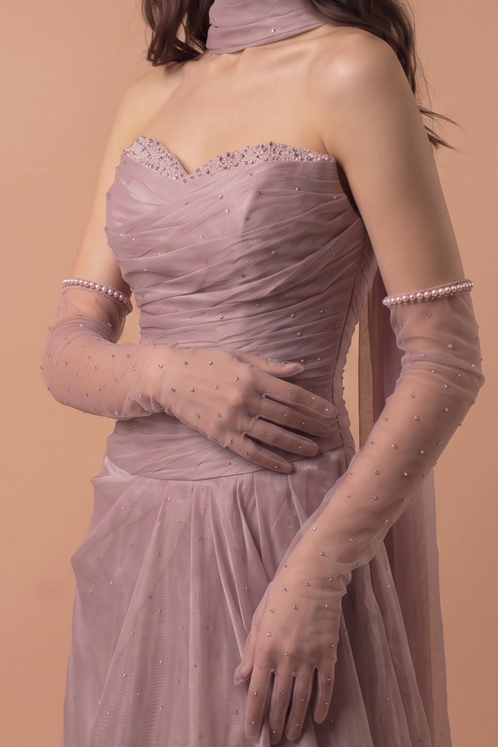Dusty Lavender Tulle Evening Gown - Strapless Ruched Dress with Crystal Detail - Sparkly A-Line Formal Dress Plus Size