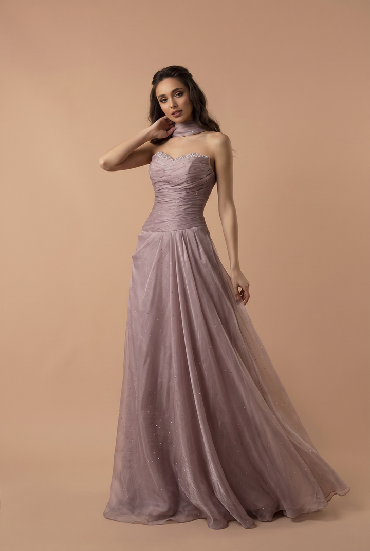 Dusty Lavender Tulle Evening Gown - Strapless Ruched Dress with Crystal Detail - Sparkly A-Line Formal Dress Plus Size