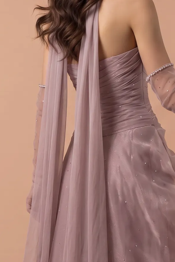 Dusty Lavender Tulle Evening Gown - Strapless Ruched Dress with Crystal Detail - Sparkly A-Line Formal Dress Plus Size