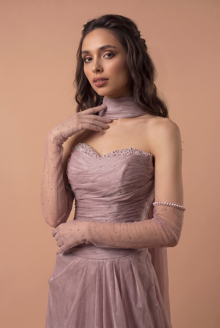 Dusty Lavender Tulle Evening Gown - Strapless Ruched Dress with Crystal Detail - Sparkly A-Line Formal Dress Plus Size