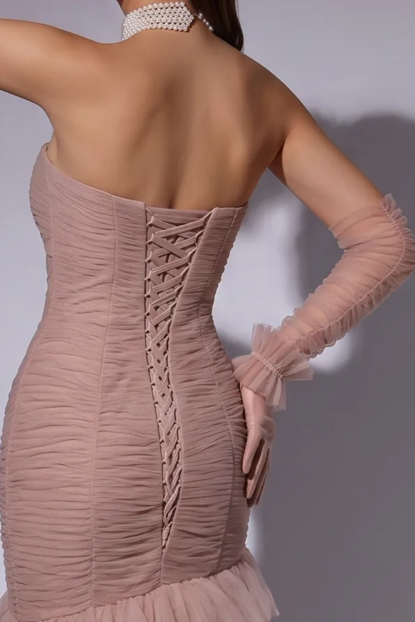 Dusty Pink Ruched Mermaid Evening Gown with Sweetheart Neckline - Strapless Tulle Dress with Corset Back - Layered Ruffle Formal Gown Plus Size