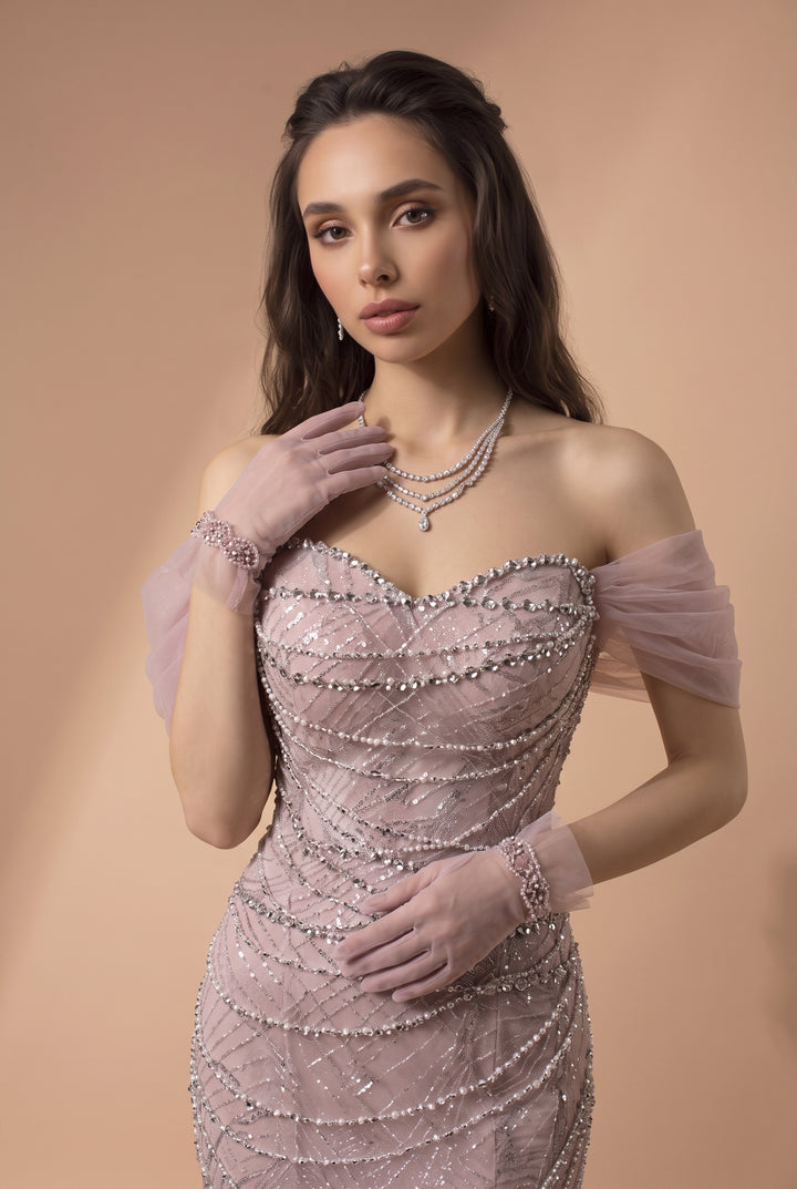 Dusty Lavender Mermaid Evening Gown - Sparkly Tulle Dress with Crystal Draping - Off Shoulder Formal Dress with Gloves Plus Size