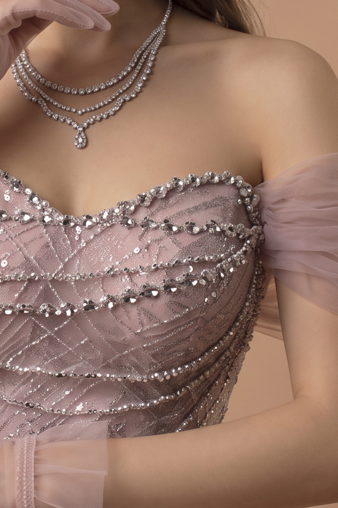 Dusty Lavender Mermaid Evening Gown - Sparkly Tulle Dress with Crystal Draping - Off Shoulder Formal Dress with Gloves Plus Size