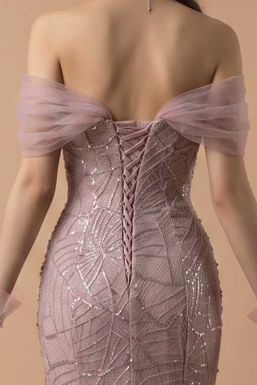 Dusty Lavender Mermaid Evening Gown - Sparkly Tulle Dress with Crystal Draping - Off Shoulder Formal Dress with Gloves Plus Size