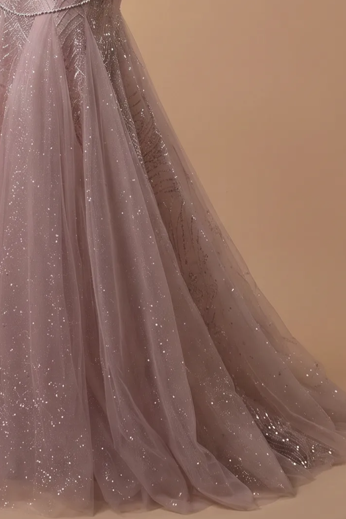 Dusty Lavender Mermaid Evening Gown - Sparkly Tulle Dress with Crystal Draping - Off Shoulder Formal Dress with Gloves Plus Size