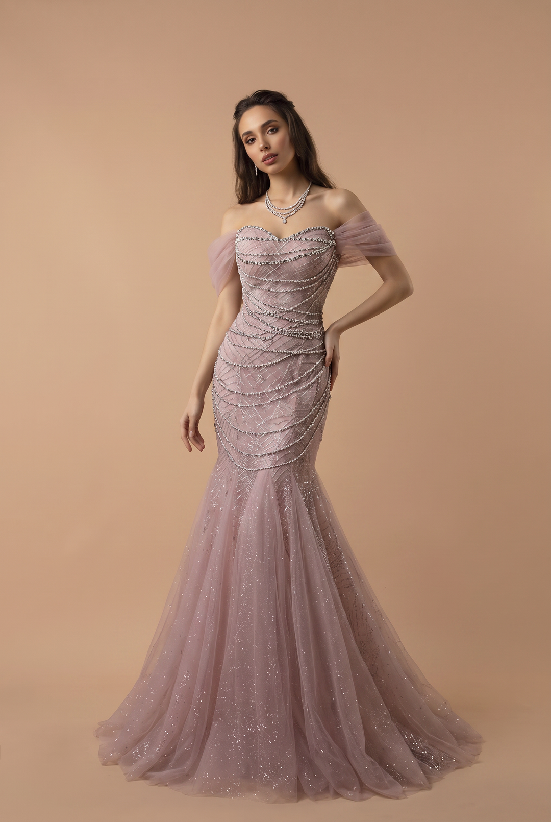 Dusty Lavender Mermaid Evening Gown - Sparkly Tulle Dress with Crystal Draping - Off Shoulder Formal Dress with Gloves Plus Size