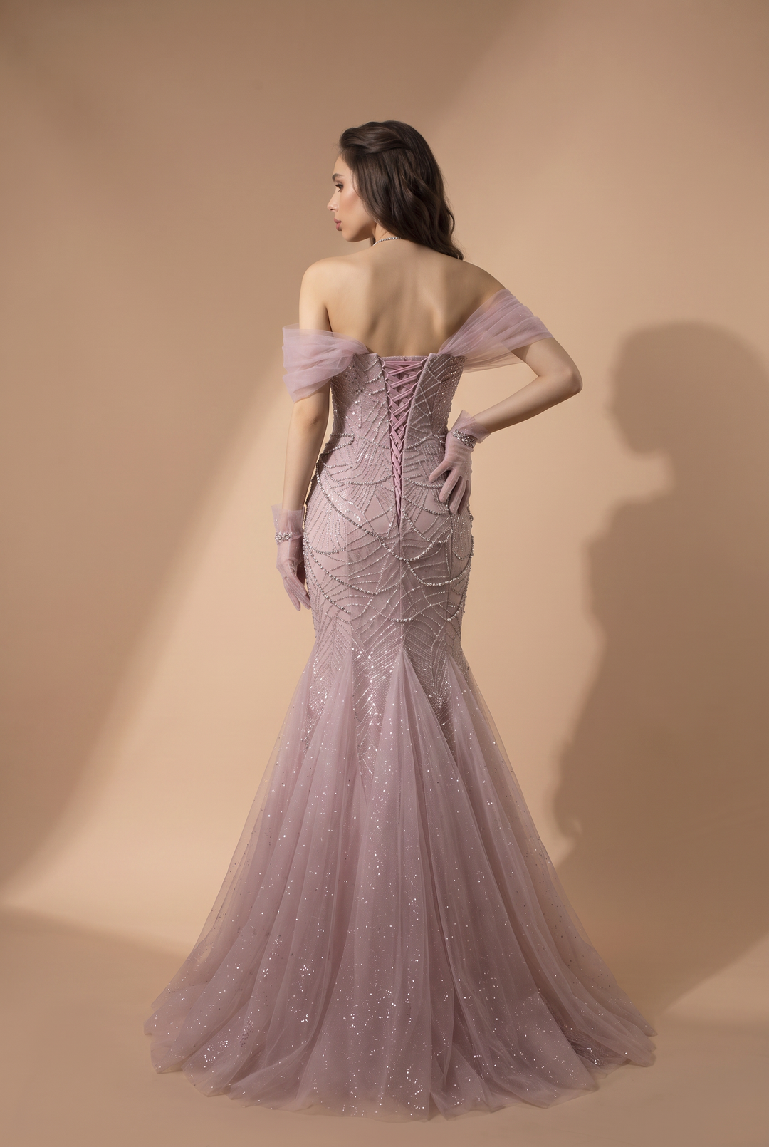 Dusty Lavender Mermaid Evening Gown - Sparkly Tulle Dress with Crystal Draping - Off Shoulder Formal Dress with Gloves Plus Size