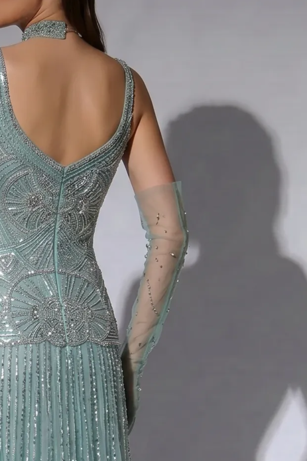 Dusty Sage Green Art Deco Beaded Evening Gown with V-Neck, Matching Gloves and Choker – Formal Dress Plus Size