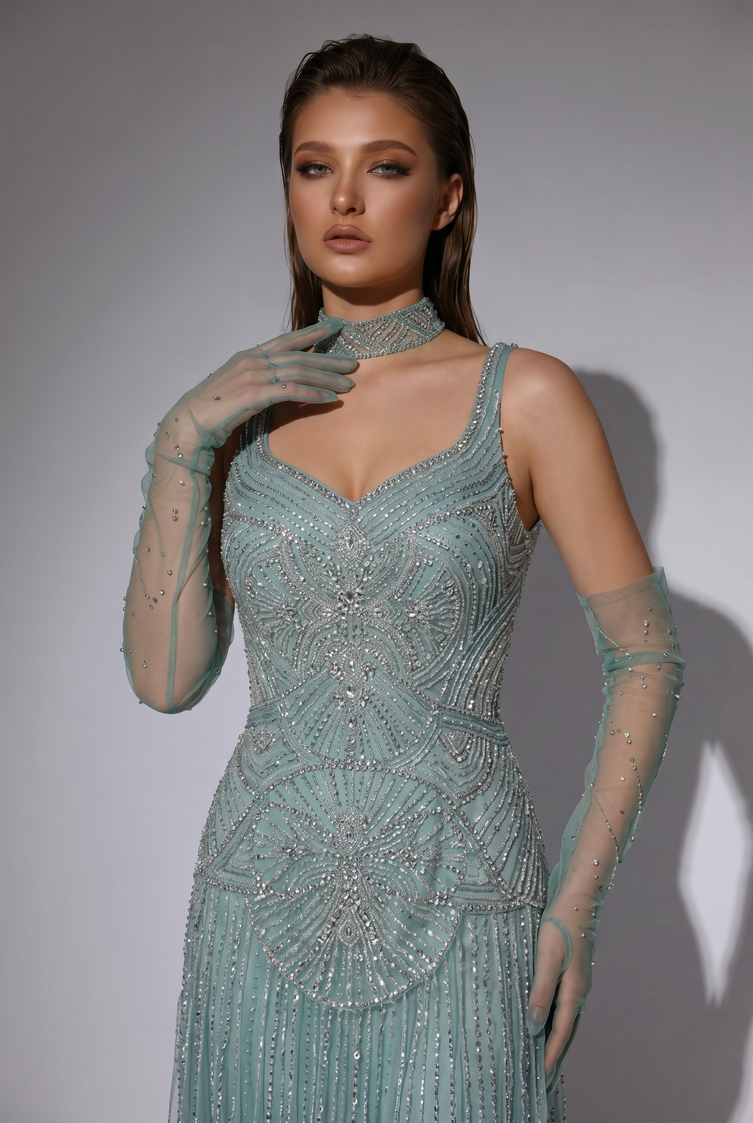 Dusty Sage Green Art Deco Beaded Evening Gown with V-Neck, Matching Gloves and Choker – Formal Dress Plus Size