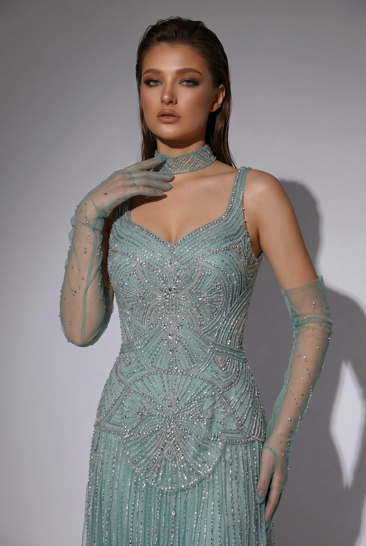 Dusty Sage Green Art Deco Beaded Evening Gown with V-Neck, Matching Gloves and Choker – Formal Dress Plus Size