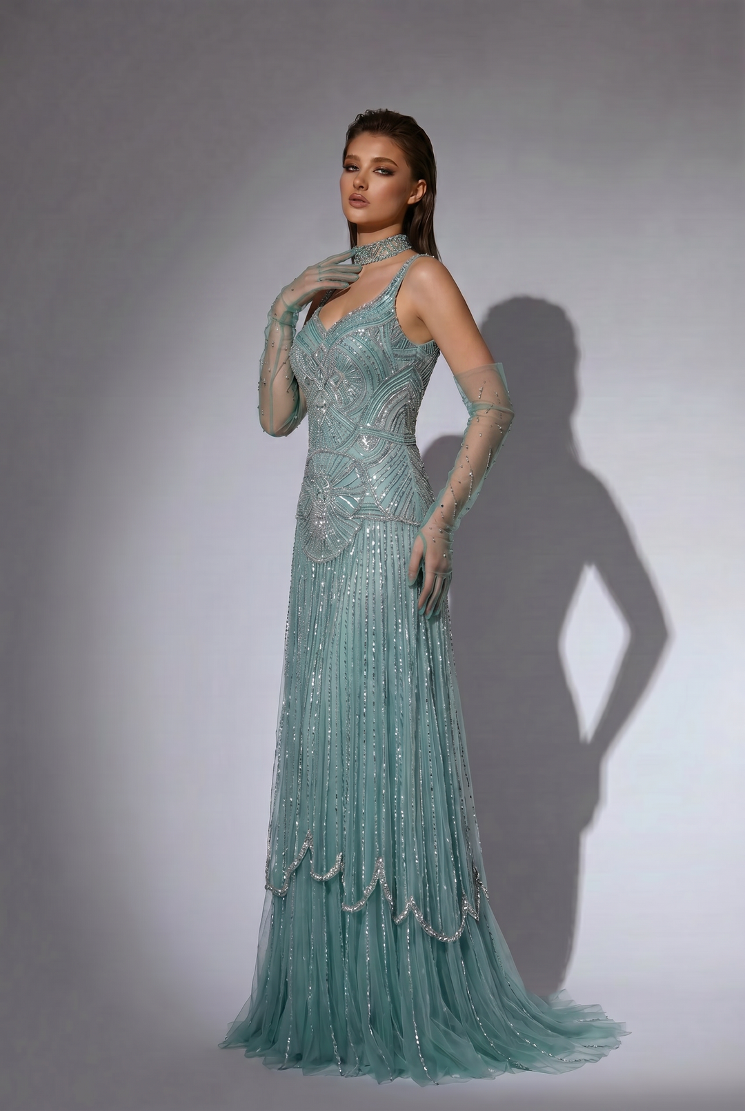 Dusty Sage Green Art Deco Beaded Evening Gown with V-Neck, Matching Gloves and Choker – Formal Dress Plus Size