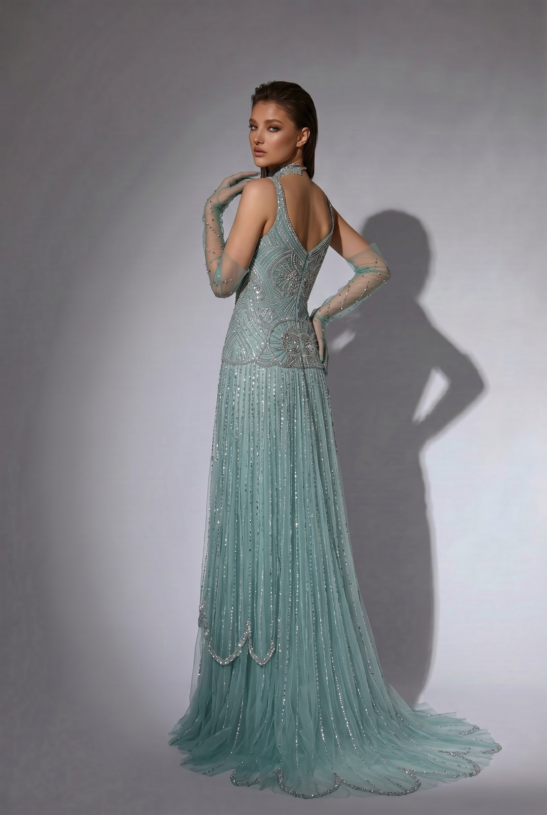 Dusty Sage Green Art Deco Beaded Evening Gown with V-Neck, Matching Gloves and Choker – Formal Dress Plus Size