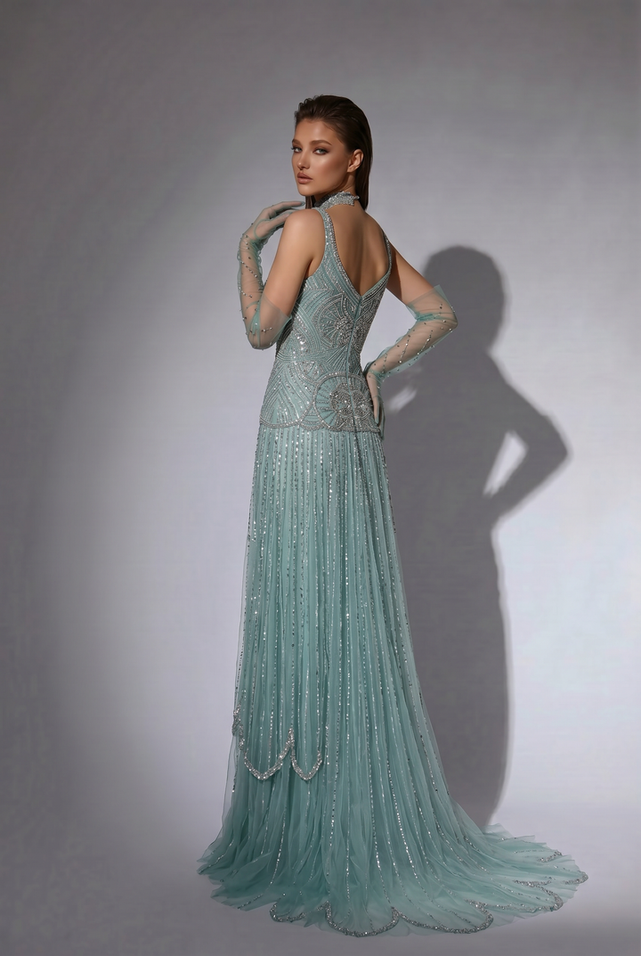 Dusty Sage Green Art Deco Beaded Evening Gown with V-Neck, Matching Gloves and Choker – Formal Dress Plus Size