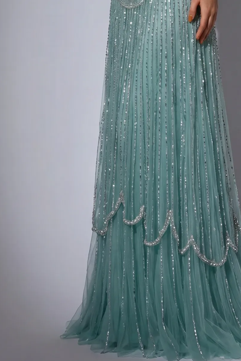 Dusty Sage Green Art Deco Beaded Evening Gown with V-Neck, Matching Gloves and Choker – Formal Dress Plus Size