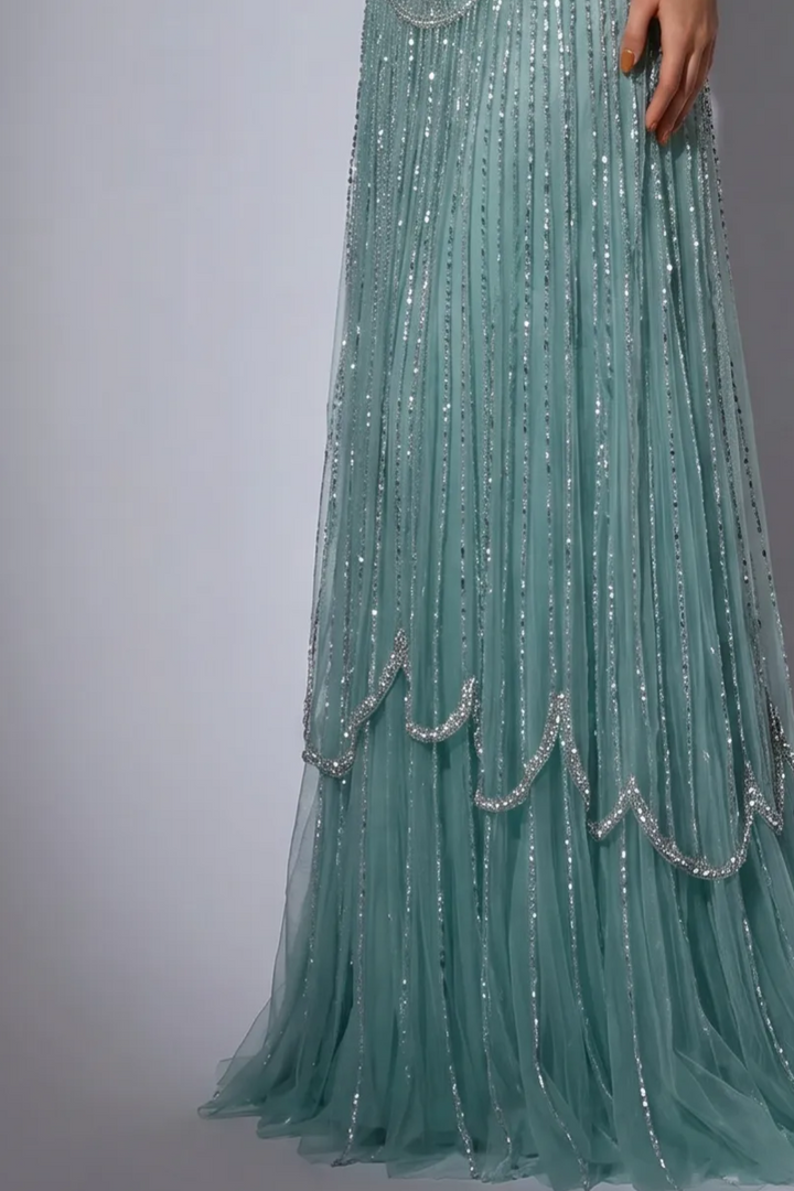 Dusty Sage Green Art Deco Beaded Evening Gown with V-Neck, Matching Gloves and Choker – Formal Dress Plus Size
