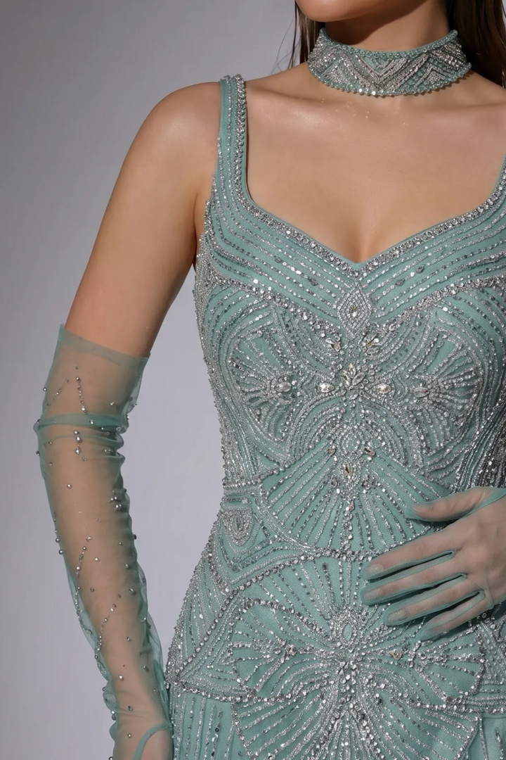 Dusty Sage Green Art Deco Beaded Evening Gown with V-Neck, Matching Gloves and Choker – Formal Dress Plus Size