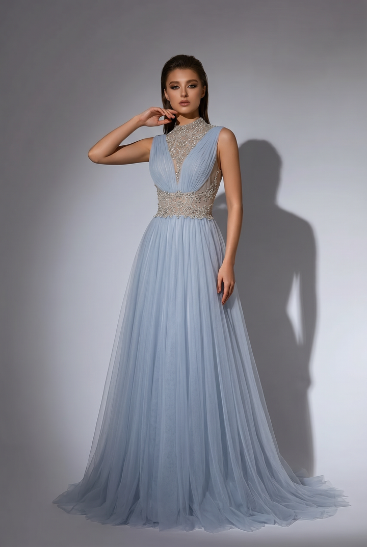 Elegant Light Blue Pretty Sequin Dress - Chiffon Dress with Embellished Bodice - High Neck Sequin Evening Gown Plus Size