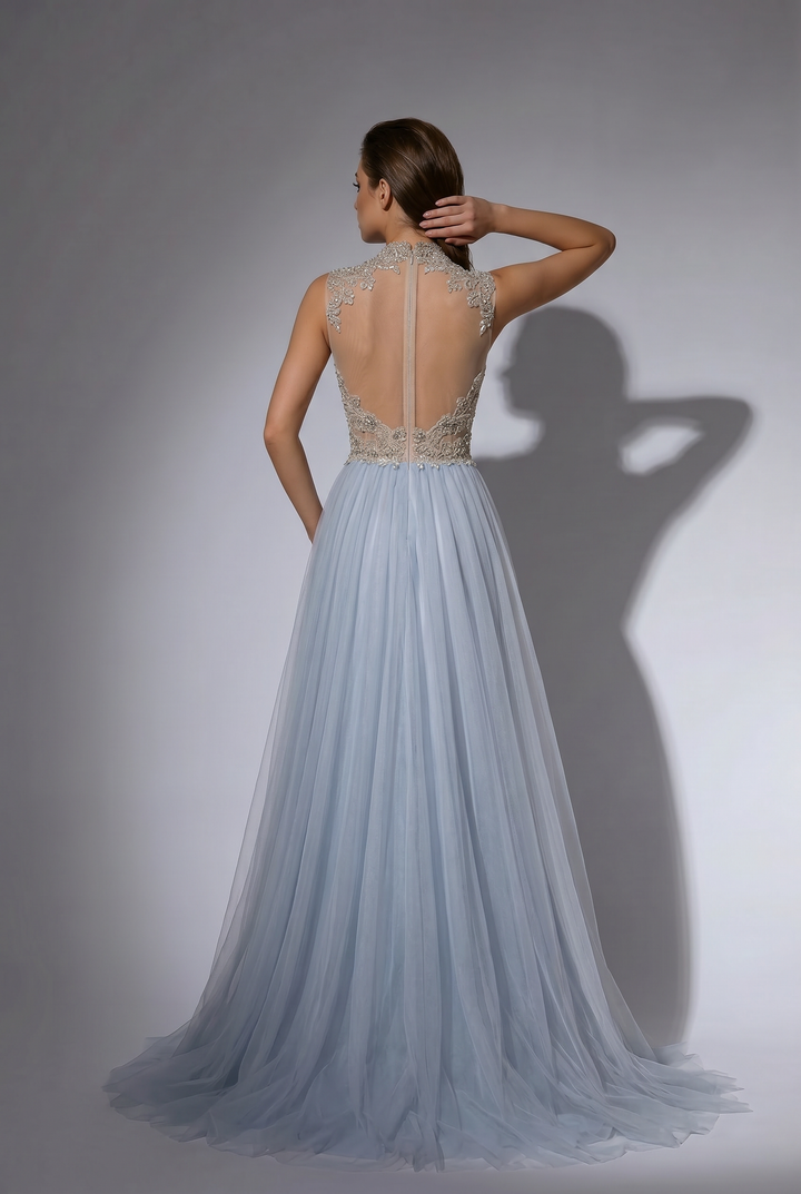 Elegant Light Blue Pretty Sequin Dress - Chiffon Dress with Embellished Bodice - High Neck Sequin Evening Gown Plus Size