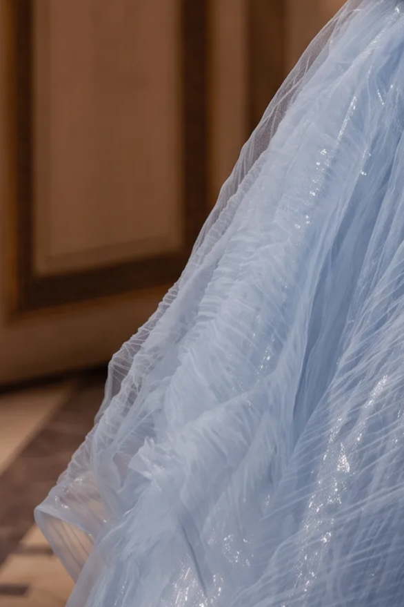 Dusty Blue Off-Shoulder Evening Gown with Floral Appliqué – Sequin Evening Dress with Tulle and Corset Back Plus Size