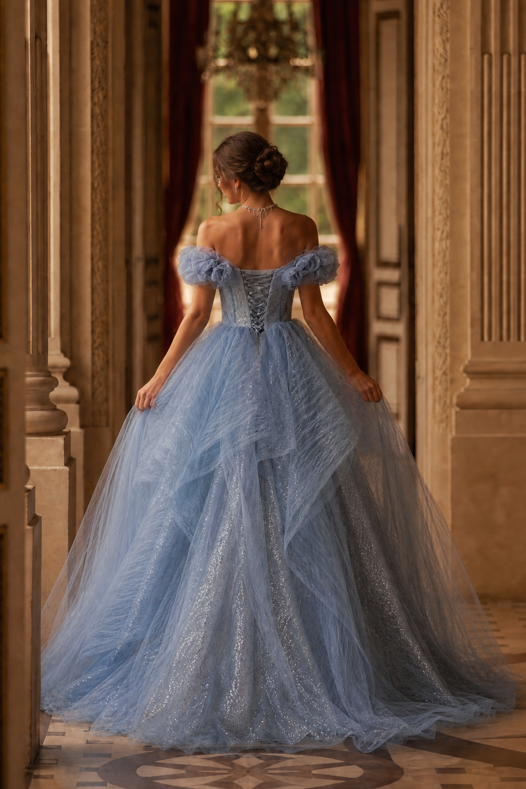 Dusty Blue Off-Shoulder Evening Gown with Floral Appliqué – Sequin Evening Dress with Tulle and Corset Back Plus Size