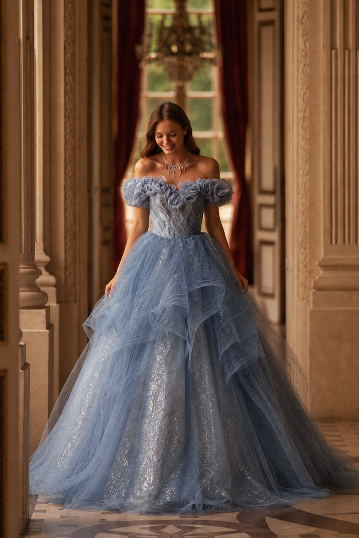 Dusty Blue Off-Shoulder Evening Gown with Floral Appliqué – Sequin Evening Dress with Tulle and Corset Back Plus Size