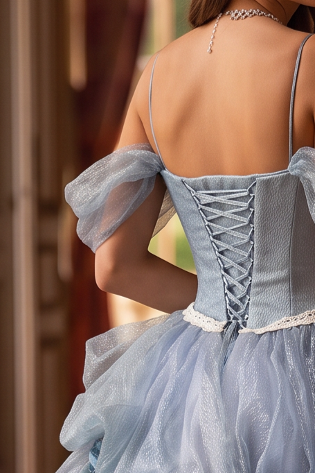 Dusty Blue Off-Shoulder Layered Tulle Ruffle Dress with Floral Appliqué – Floral Evening Dress with Corset Back Plus Size