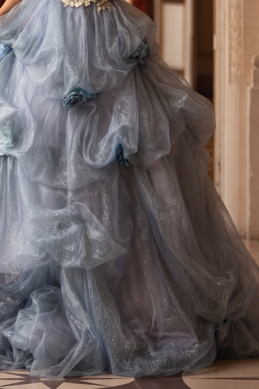 Dusty Blue Off-Shoulder Layered Tulle Ruffle Dress with Floral Appliqué – Floral Evening Dress with Corset Back Plus Size