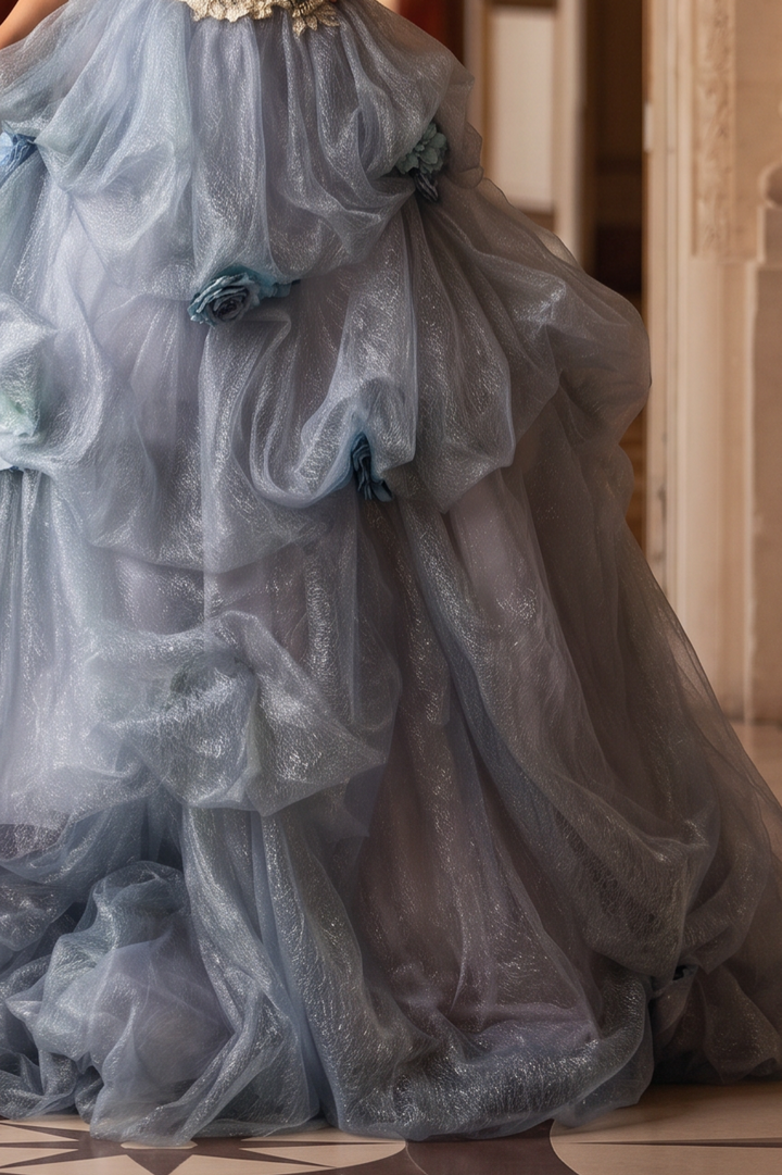 Dusty Blue Off-Shoulder Layered Tulle Ruffle Dress with Floral Appliqué – Floral Evening Dress with Corset Back Plus Size
