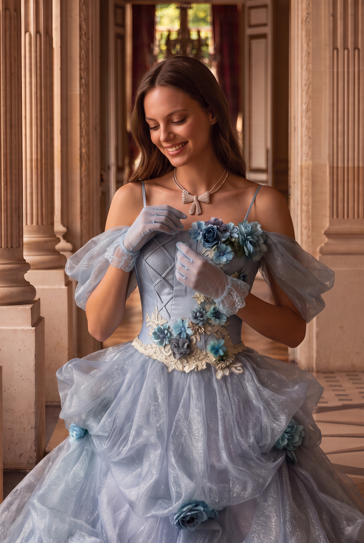 Dusty Blue Off-Shoulder Layered Tulle Ruffle Dress with Floral Appliqué – Floral Evening Dress with Corset Back Plus Size