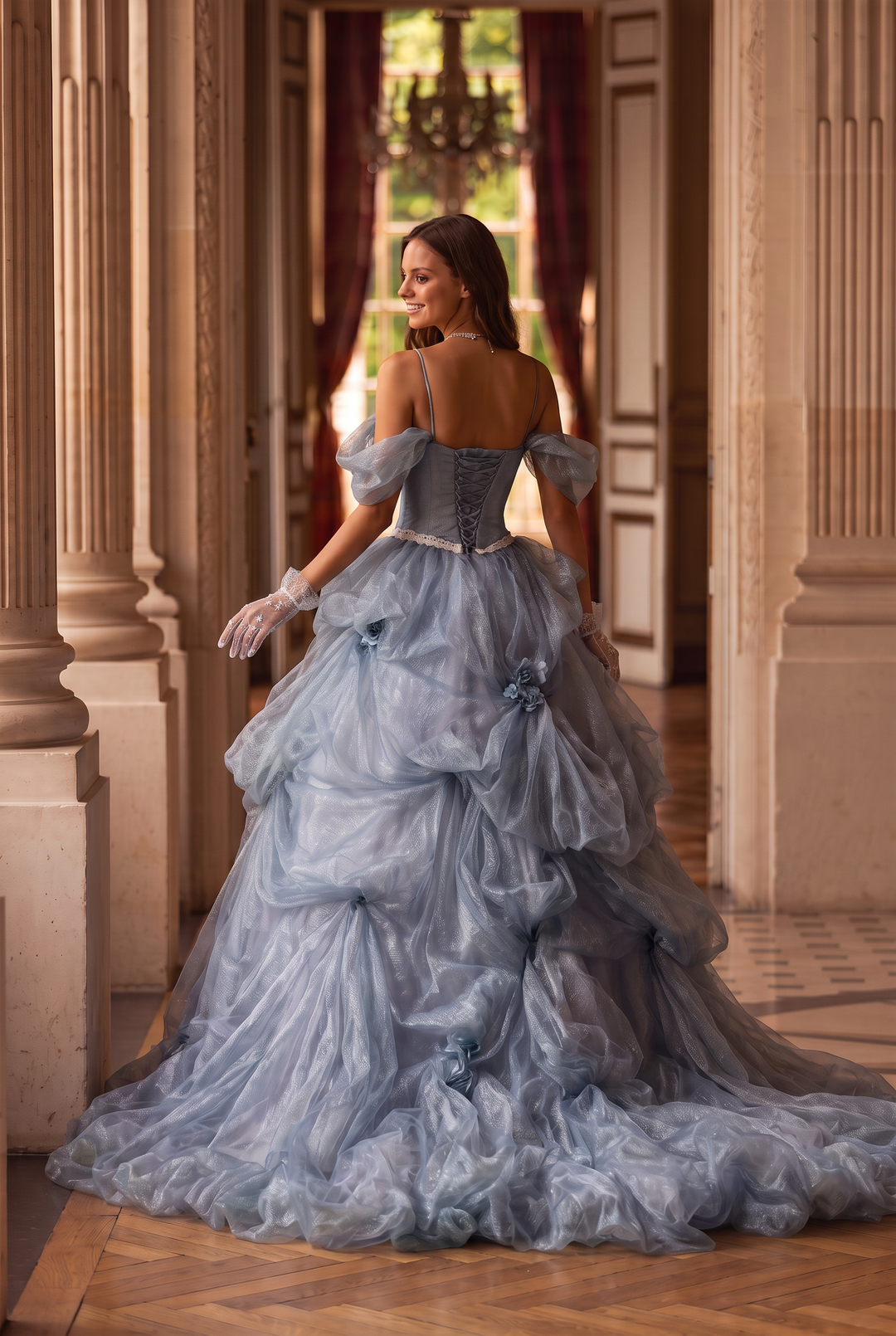 Dusty Blue Off-Shoulder Layered Tulle Ruffle Dress with Floral Appliqué – Floral Evening Dress with Corset Back Plus Size