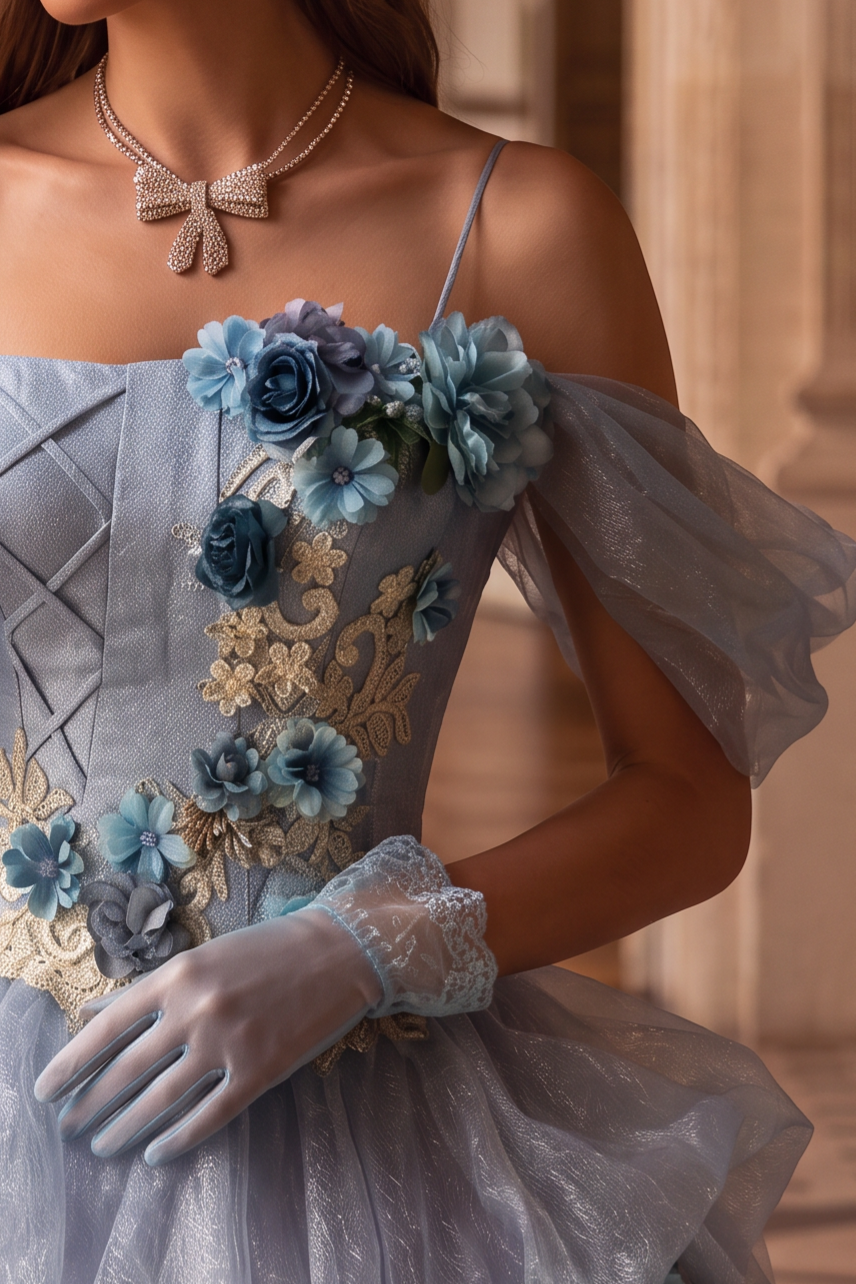 Dusty Blue Off-Shoulder Layered Tulle Ruffle Dress with Floral Appliqué – Floral Evening Dress with Corset Back Plus Size