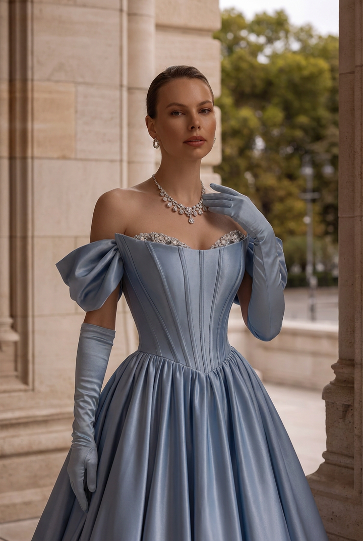 Dusty Blue Satin Ball Gown with Off-the-Shoulder Bow Sleeves – Corset Formal Dress with Cathedral Train Plus Size