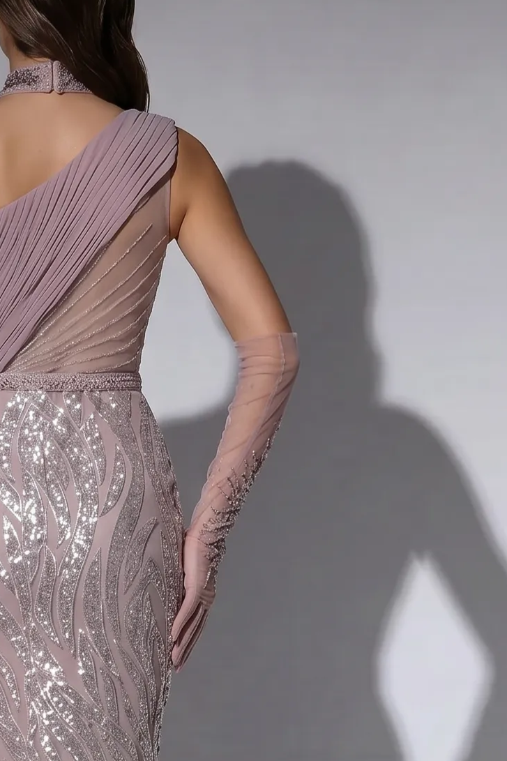 Dusty Mauve One Shoulder Evening Dress with Sequin Embroidery, Chiffon Cape and Choker Plus Size