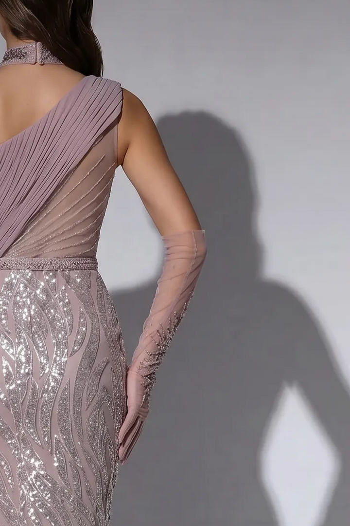 Dusty Mauve One Shoulder Evening Dress with Sequin Embroidery, Chiffon Cape and Choker Plus Size