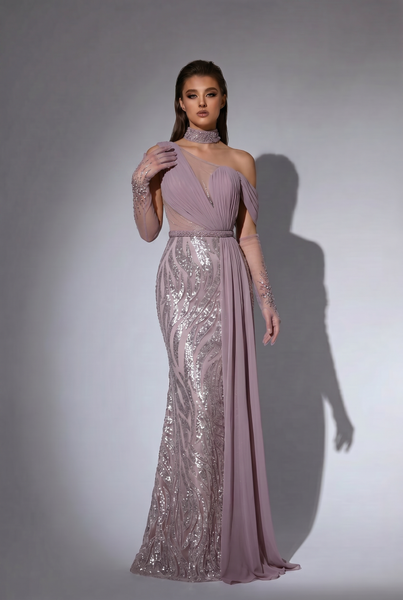 Dusty Mauve One Shoulder Evening Dress with Sequin Embroidery, Chiffon Cape and Choker Plus Size Size 20W / Dusty Mauve / Dress