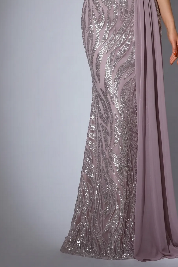 Dusty Mauve One Shoulder Evening Dress with Sequin Embroidery, Chiffon Cape and Choker Plus Size