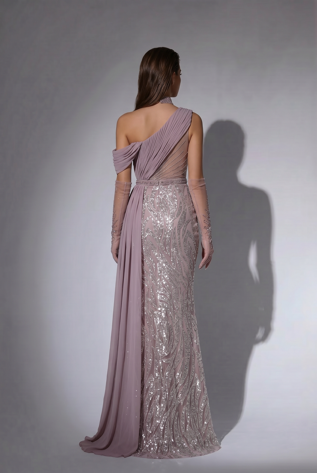 Dusty Mauve One Shoulder Evening Dress with Sequin Embroidery, Chiffon Cape and Choker Plus Size