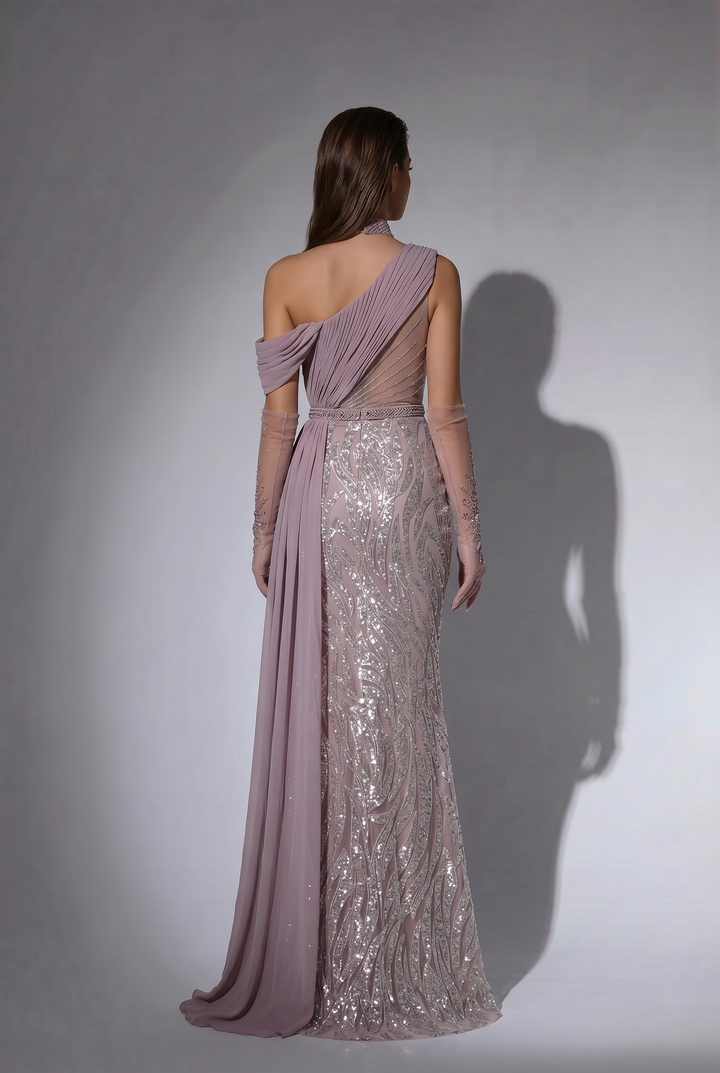 Dusty Mauve One Shoulder Evening Dress with Sequin Embroidery, Chiffon Cape and Choker Plus Size