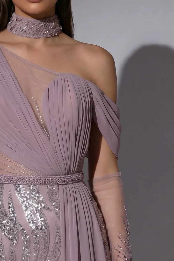 Dusty Mauve One Shoulder Evening Dress with Sequin Embroidery, Chiffon Cape and Choker Plus Size