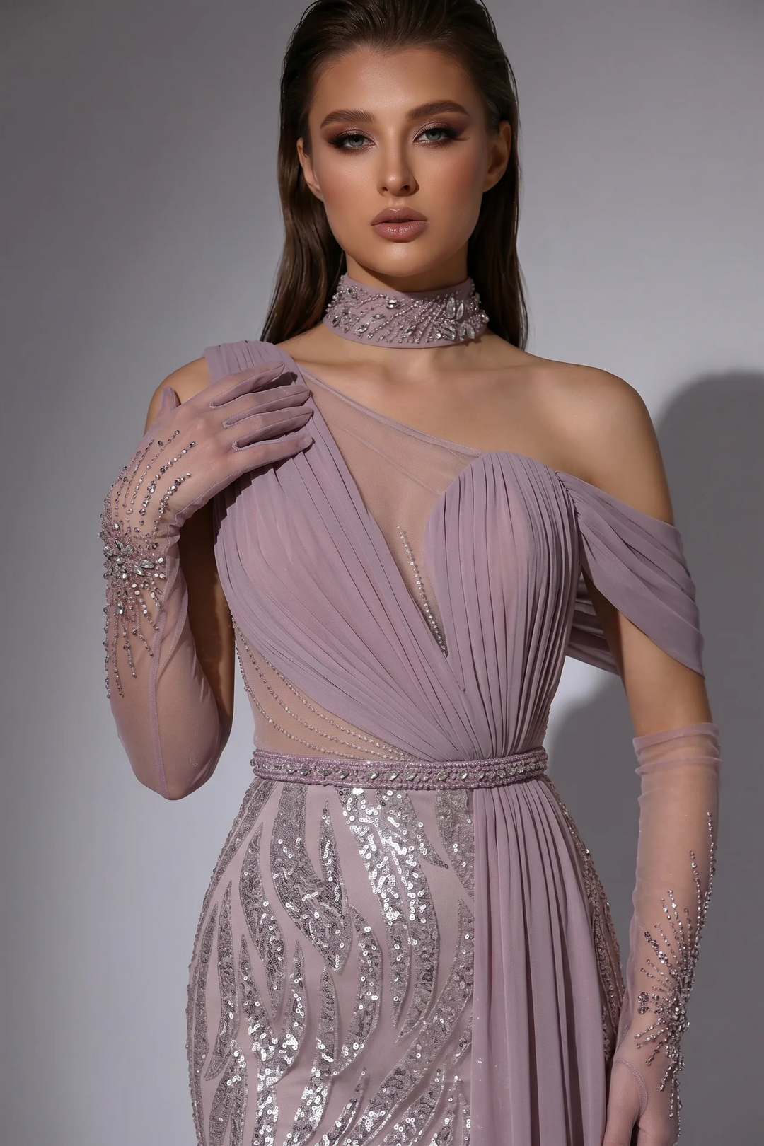 Dusty Mauve One Shoulder Evening Dress with Sequin Embroidery, Chiffon Cape and Choker Plus Size