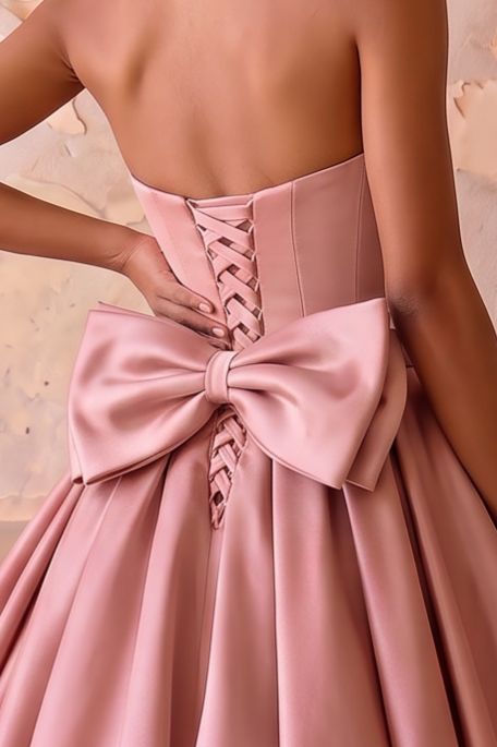 Dusty Pink Evening Dress with Bow - Satin Ball Gown with Floral Embellishments Plus Size