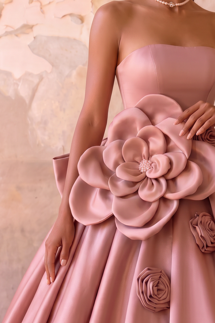 Dusty Pink Evening Dress with Bow - Satin Ball Gown with Floral Embellishments Plus Size