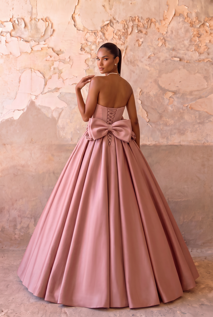 Dusty Pink Evening Dress with Bow - Satin Ball Gown with Floral Embellishments Plus Size