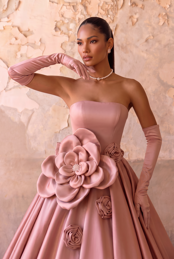 Dusty Pink Evening Dress with Bow - Satin Ball Gown with Floral Embellishments Plus Size