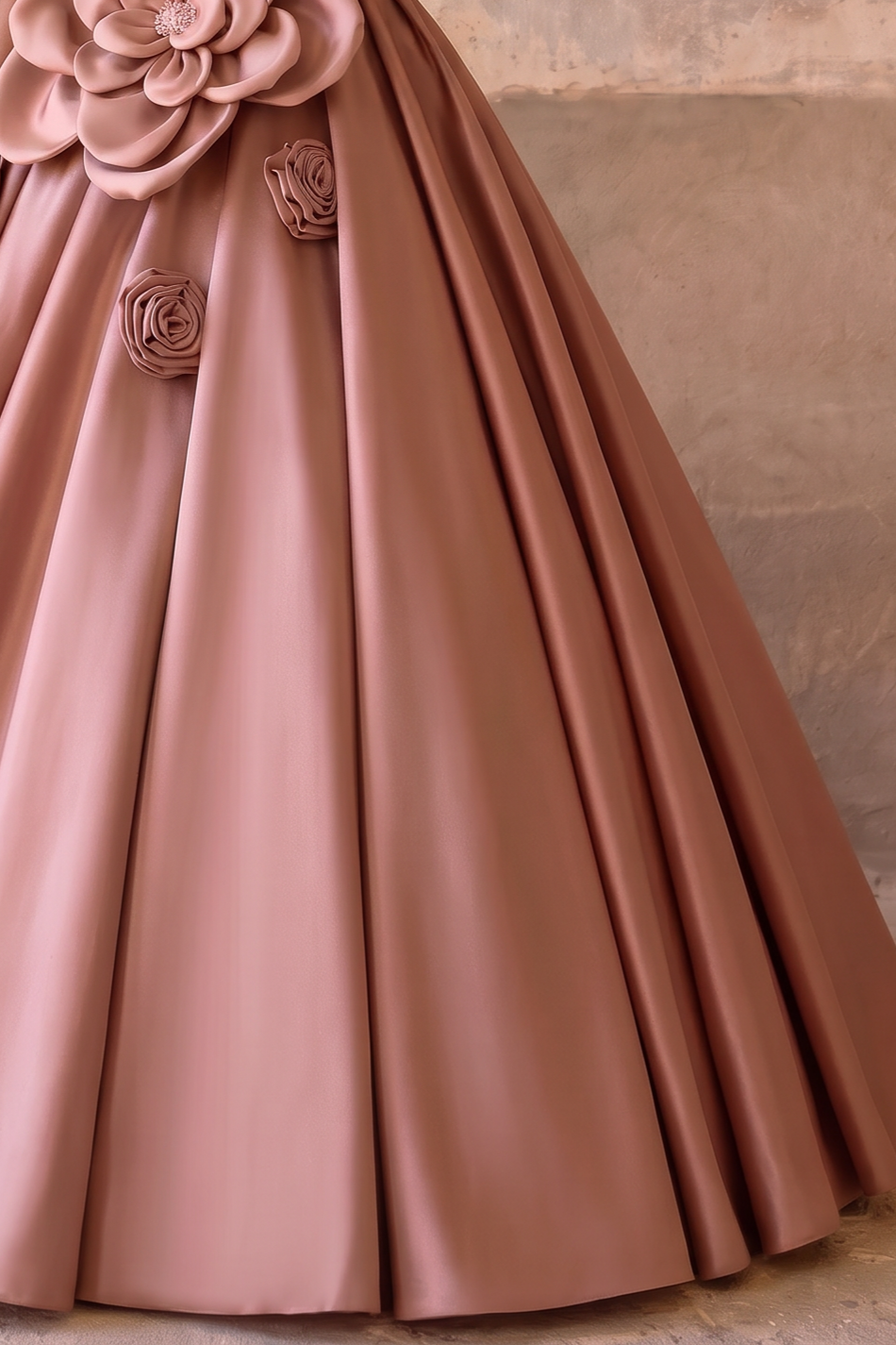 Dusty Pink Evening Dress with Bow - Satin Ball Gown with Floral Embellishments Plus Size