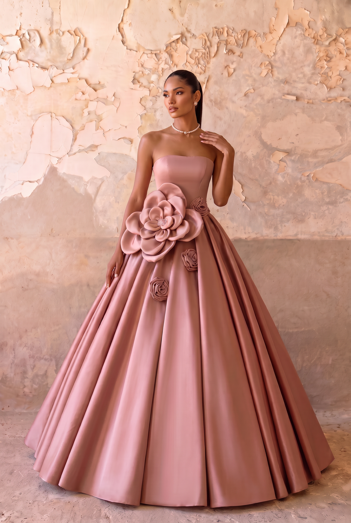 Dusty Pink Evening Dress with Bow - Satin Ball Gown with Floral Embellishments Plus Size